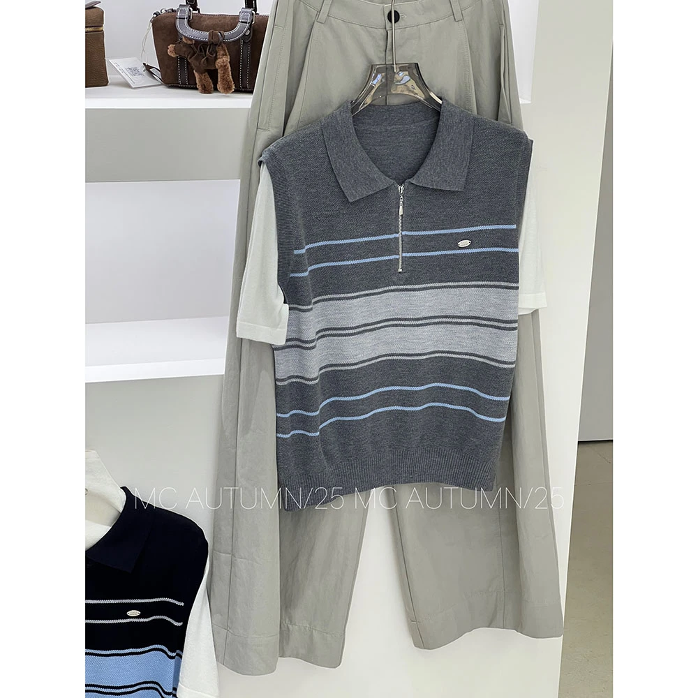 【巴素兰假两件针织】欧洲站秋季拉链翻领条纹短袖12020