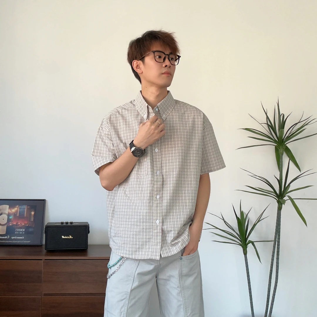 复古简约条纹短袖衬衫男女宽松休闲vintage高级感衬衣ins