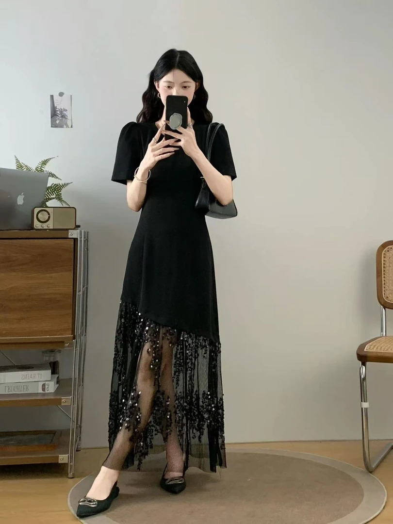 HEINA 轻奢重工亮片拼接连衣裙8499 Q
