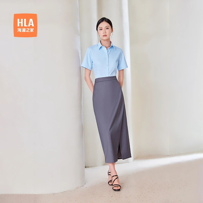 【商务通勤】HLA海澜之家短袖衬衫女春夏24新纯色正装衬衣女装