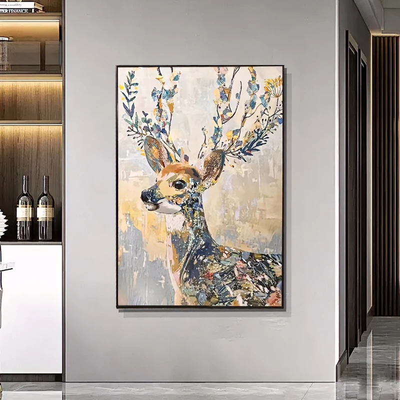 晶瓷镶钻装饰画吉祥动物现代客厅装饰画入户玄关挂画小鹿80120