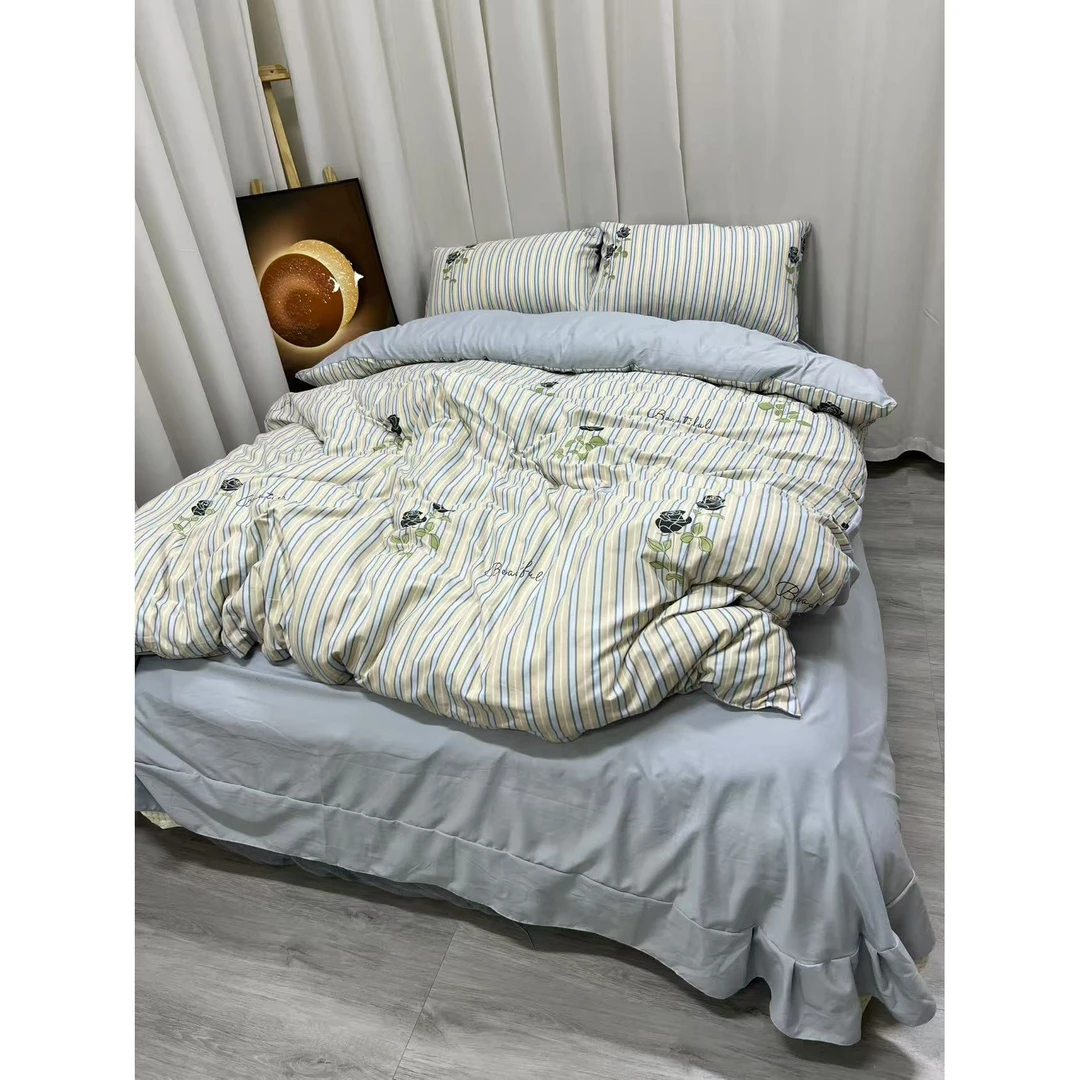 薄雾玫瑰-蓝色有氧柔软亲肤针织棉四件套