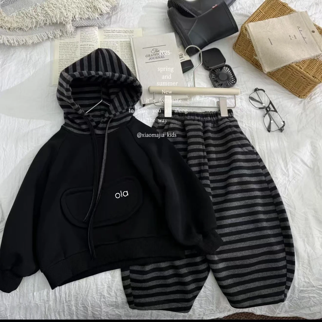 儿童连帽卫衣套装秋装2025男女童宽松上衣条纹裤韩系运动服两件套