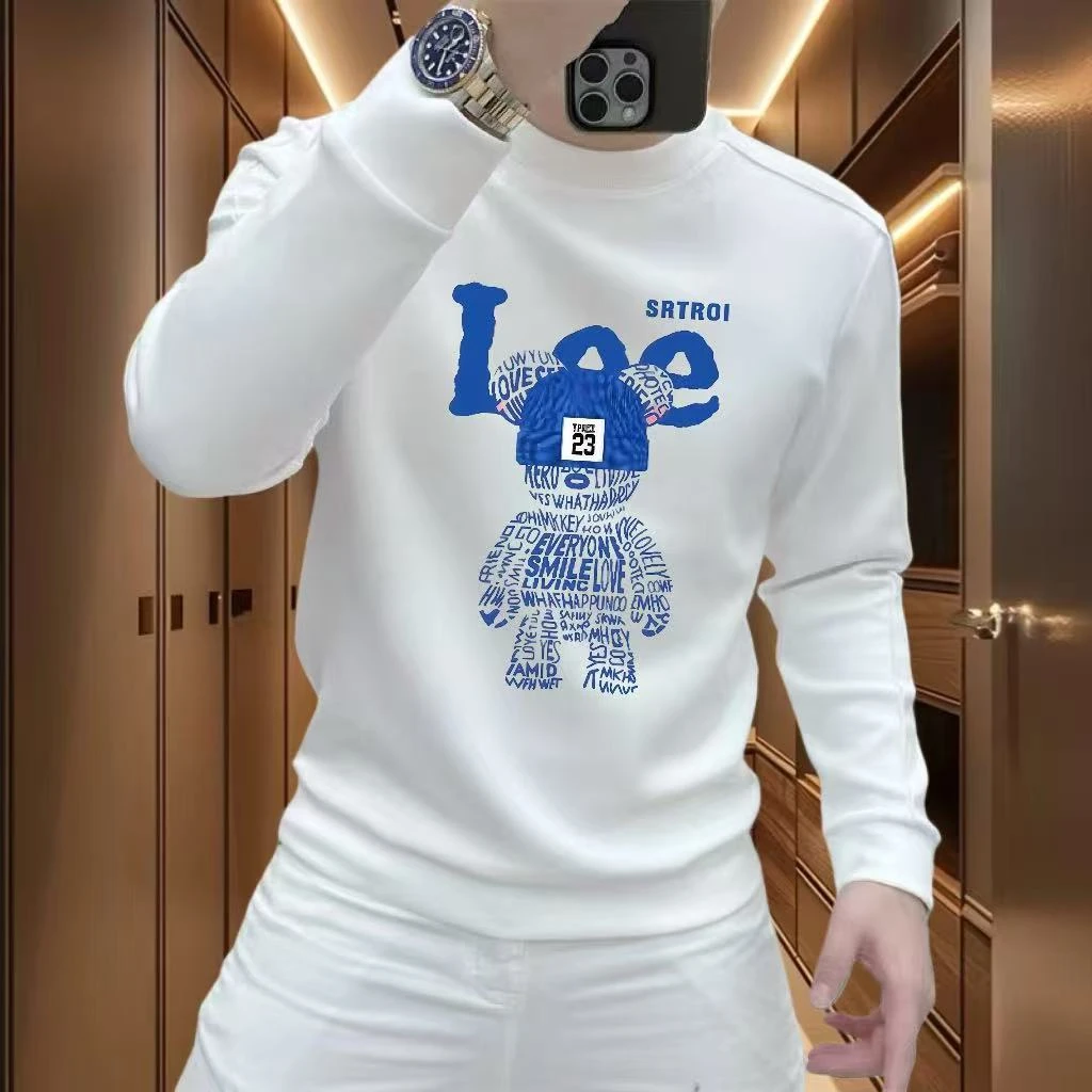 LE秋冬季男士长袖卫衣休闲时尚新款百搭圆领印花加绒加厚套头上衣