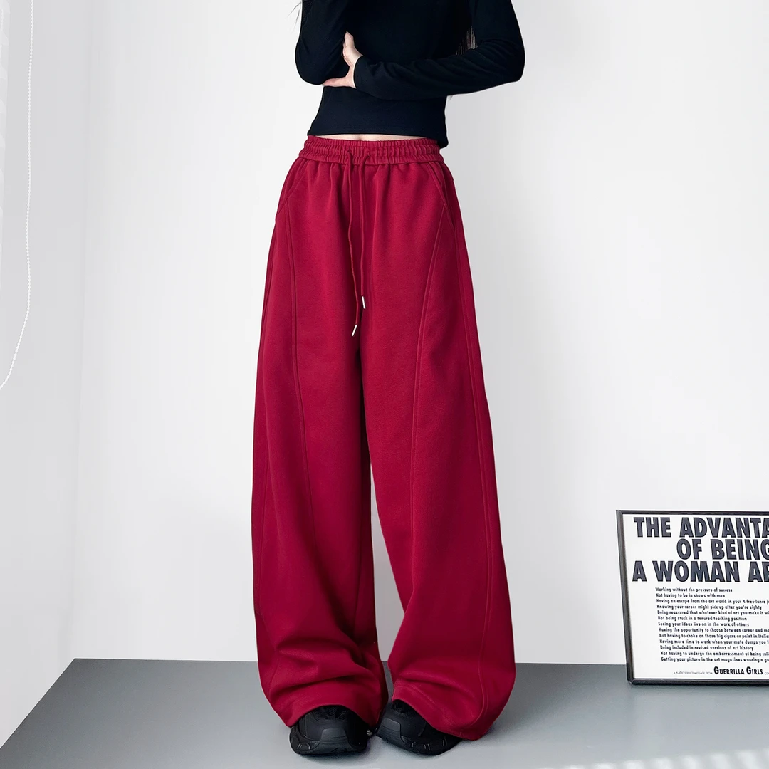 红色高腰显瘦慵懒风阔腿裤女冬季新款大码胖mm松弛感宽松运动卫裤