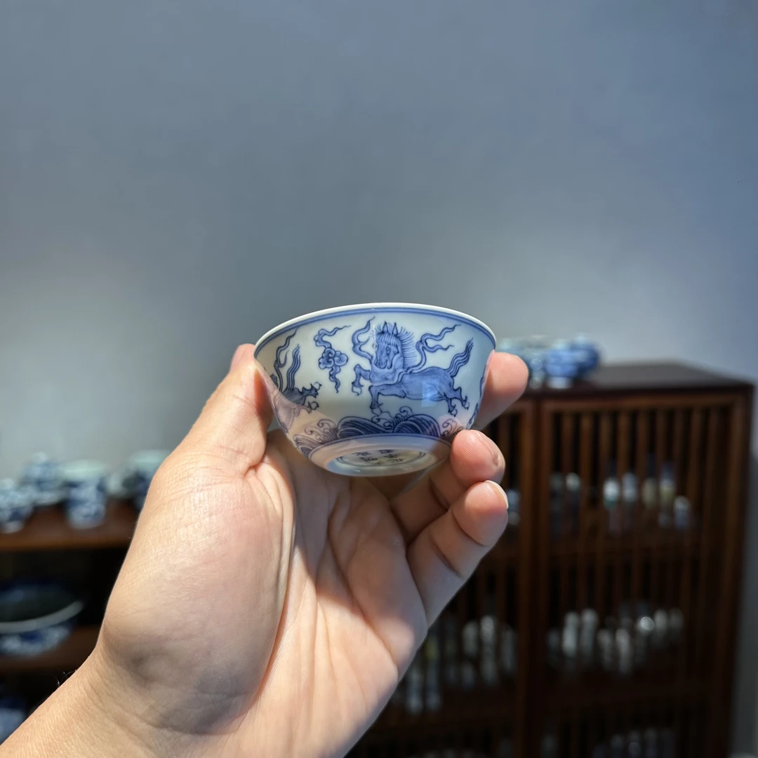 青花海水马薄胎卧足缸杯主人杯口径约7.5厘米约40-60毫升茶杯陶瓷