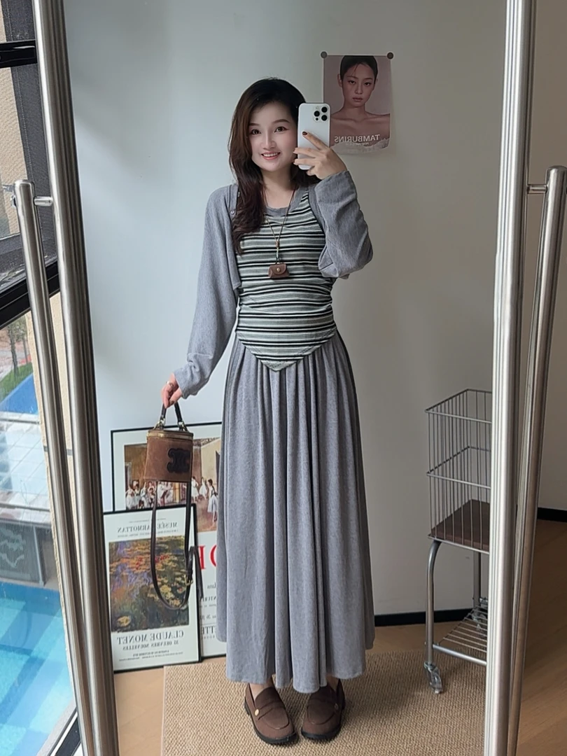 运费补贴小个子秋季韩版复古慵懒风气质条纹拼接针织吊带三件套女