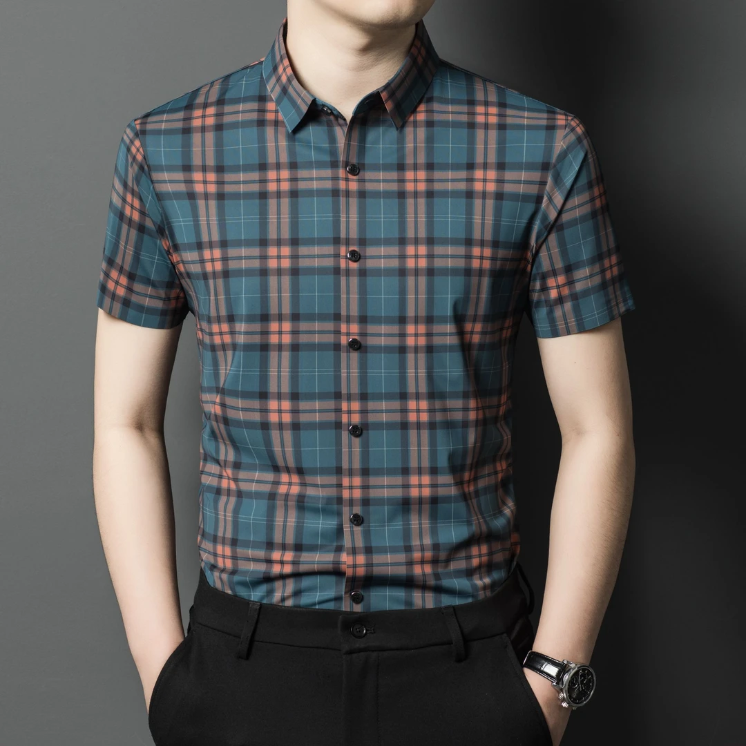 专柜【奥莱撤柜】凉爽冰丝短袖衬衫男高档商务休闲无痕速干格子衬衣