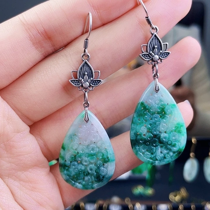 翡翠耳饰银S925镶嵌饰品