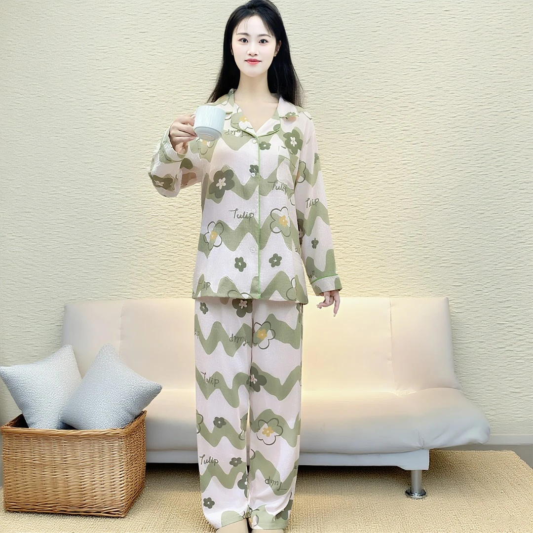 大码睡衣女春秋长袖云朵棉不带胸垫薄款印花家居服套装可外穿Y170