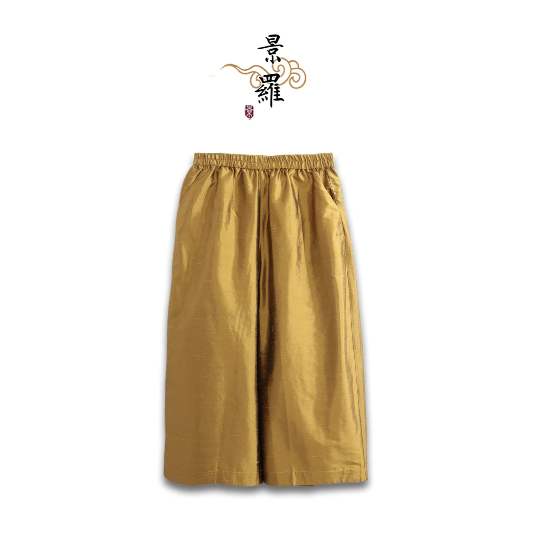 景罗【双宫蚕】新款夏季新中式新国风复古宽松金色桑蚕丝裤子13001