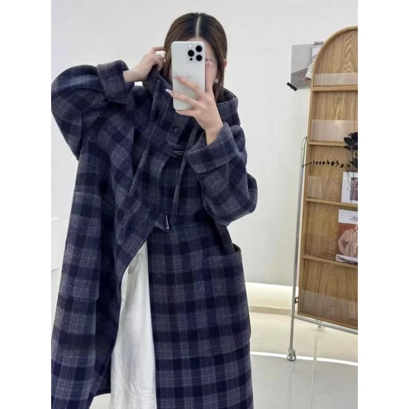 首尔学院2025秋冬韩版连帽牛角扣阔版高级感加厚加长双面羊毛大衣