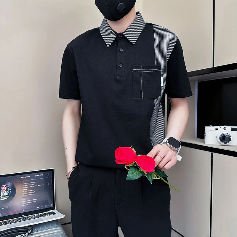 拼接条纹polo衫短袖T恤男士夏款潮牌衬衫领半袖男装高级感上衣服