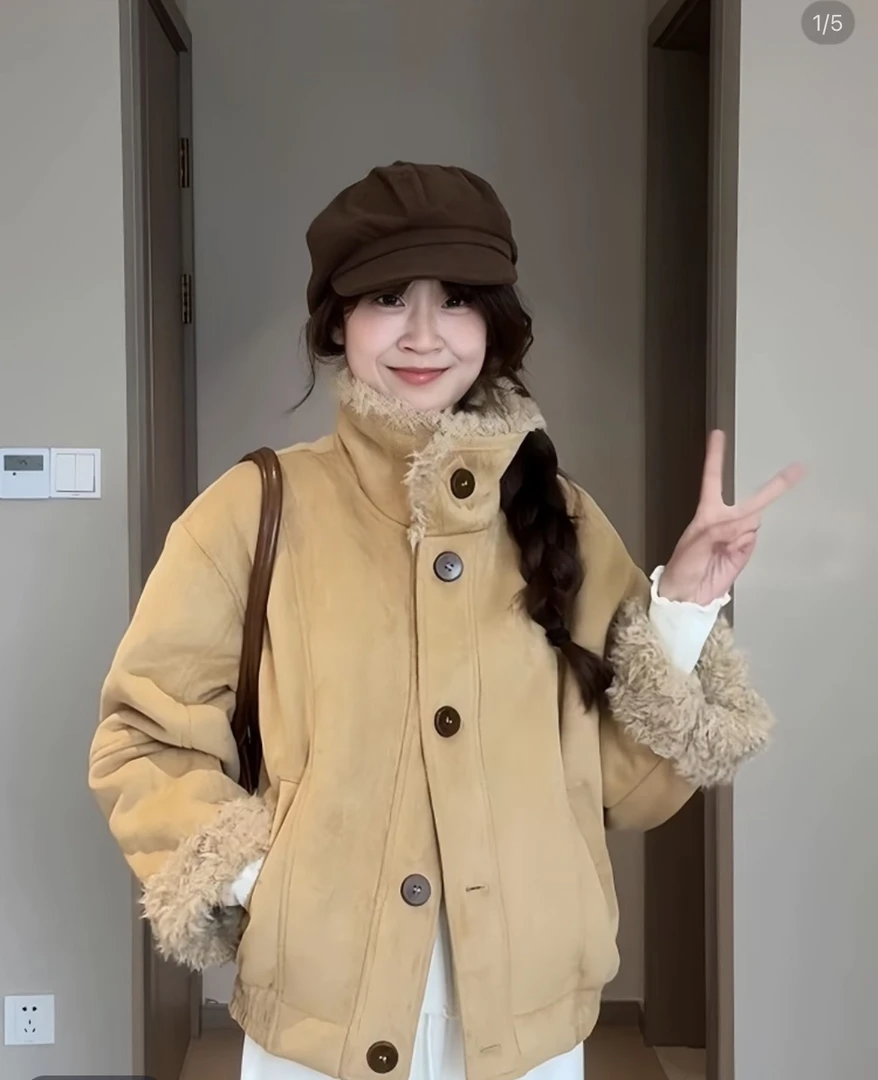 秋冬慵懒风宽松短外套高级感复古保暖环保毛毛卡其色氛围感夹克