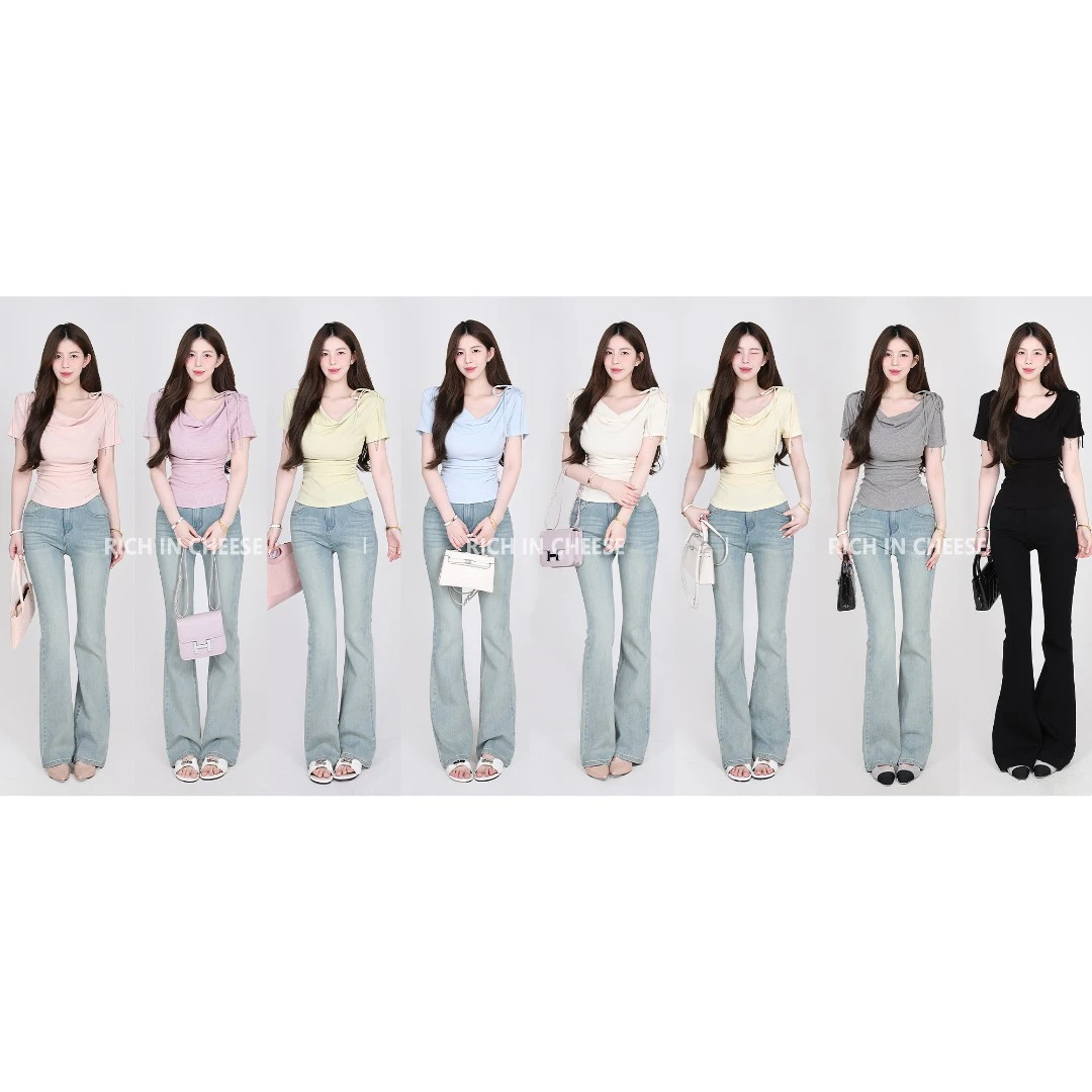 舒胡蕾 夏日韩味【部分现货】 荡领针织短袖夏季设计感收腰显瘦T恤