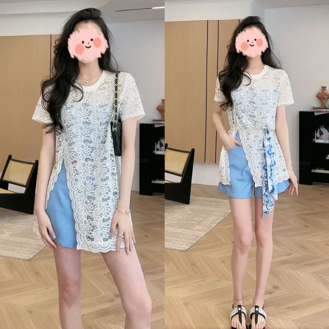 2025夏季时尚洋气蕾丝拼接开叉短袖上衣显瘦百搭高腰短裤气质套装