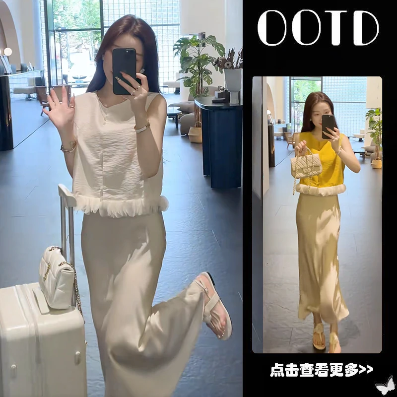 超火夏季穿搭一整套女2025新款拼接蕾丝无袖衬衫高腰半身裙两件套