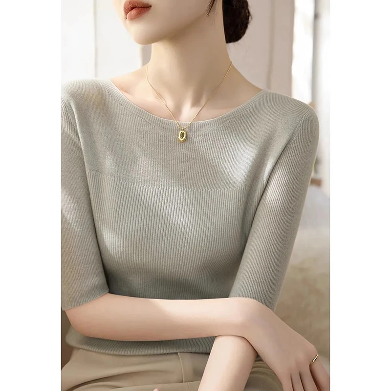 一字领套头修身显瘦五分袖t恤针织衫女装夏百搭薄款打底上衣9174