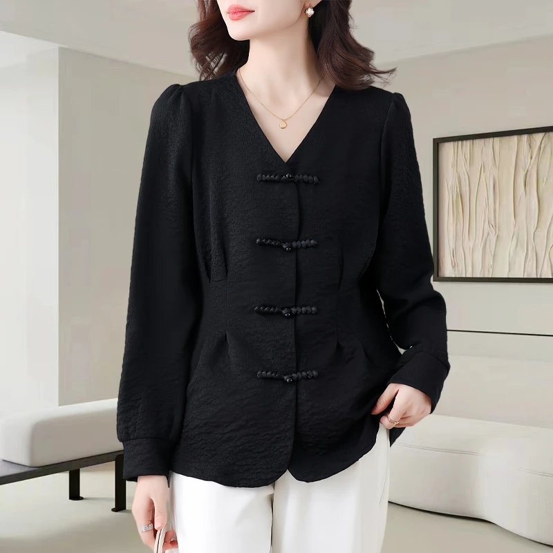 新中式v领黑色衬衫上衣女装秋季新款中国风盘扣气质衬衣长袖小衫