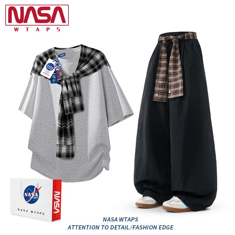 NASA WTAPS美式格子披肩短袖t恤套装男款夏季短袖长裤潮搭一整套