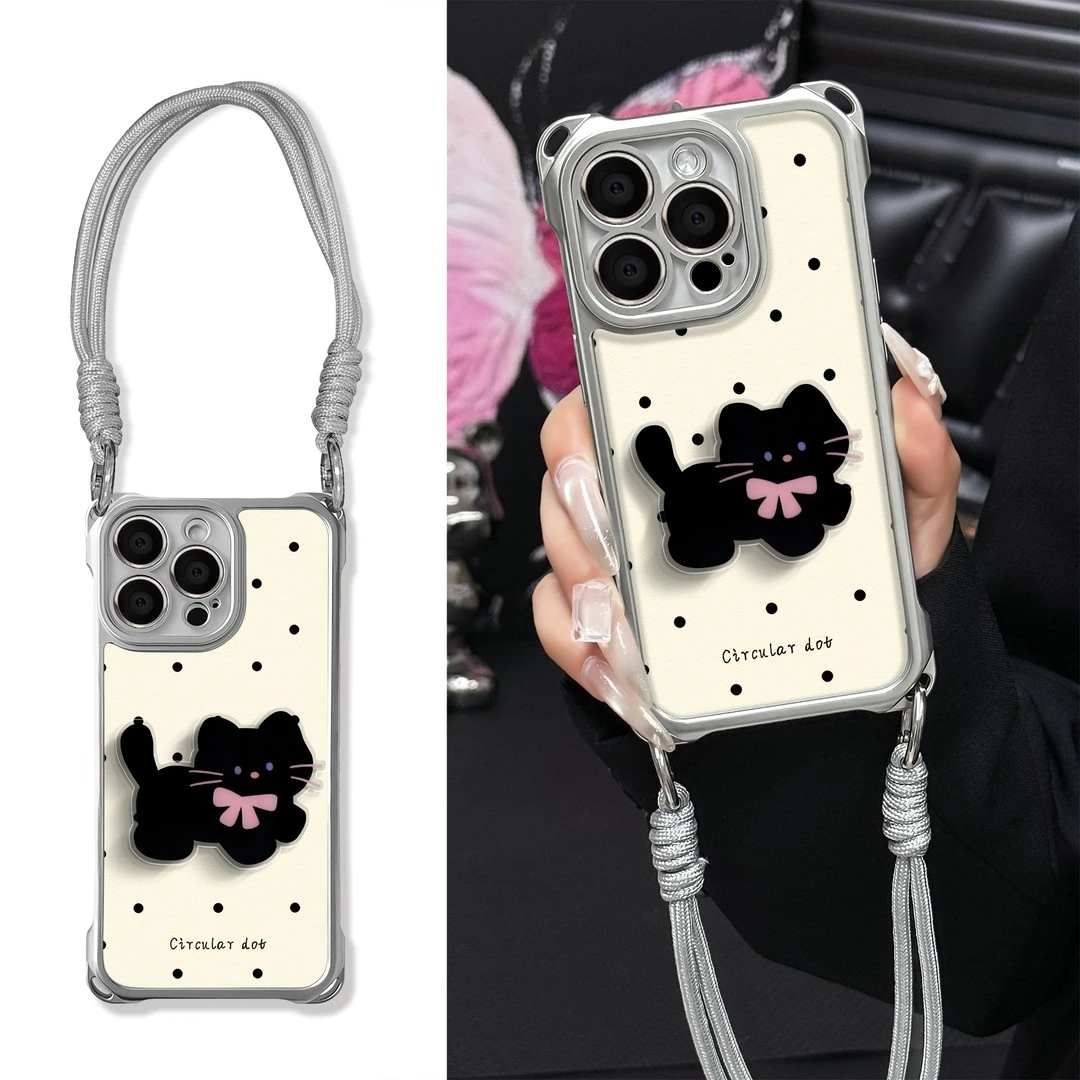 适用黑猫波点于苹果16高级感个性四角挂绳手机壳华为OPPO小米VIVO