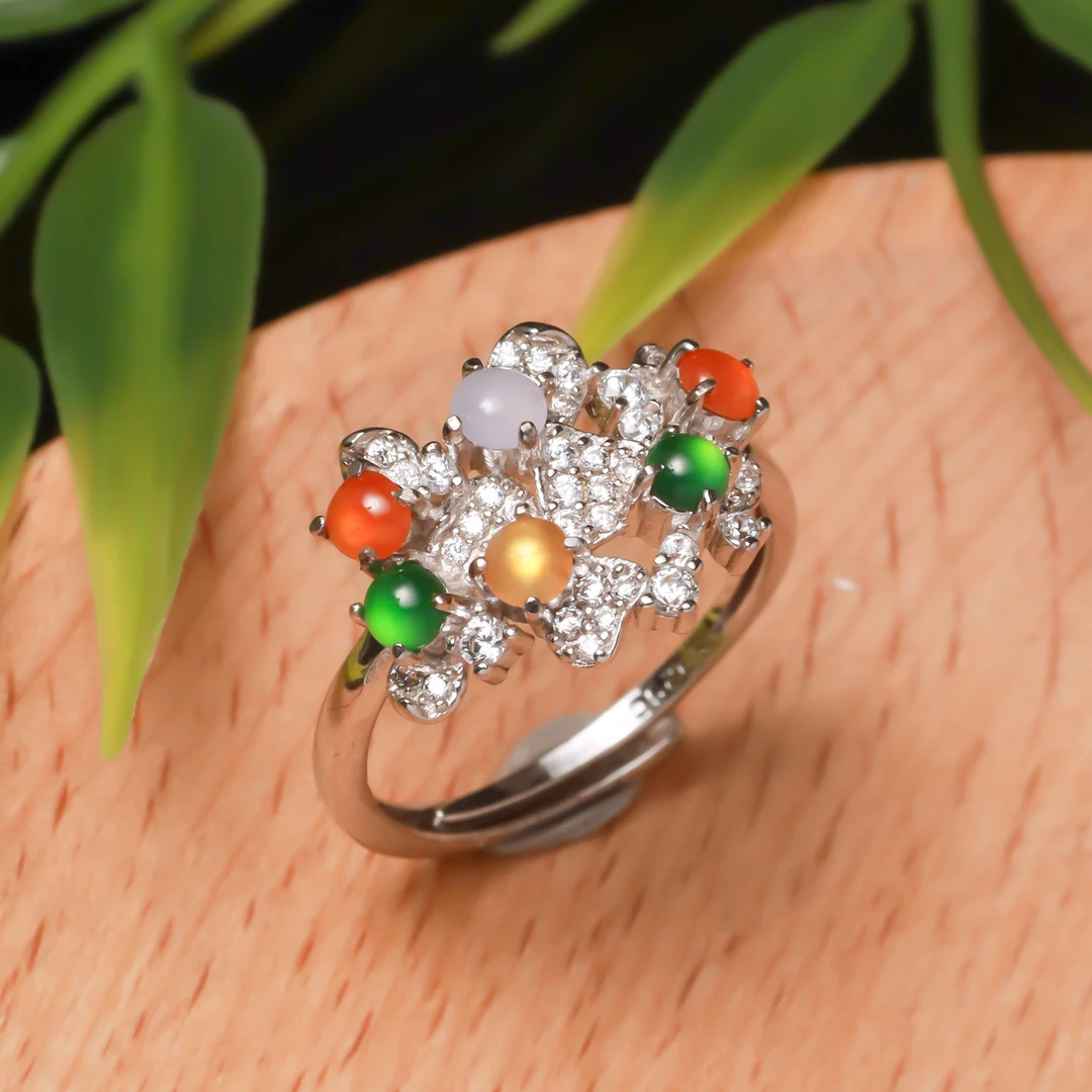 鹏琢·翡语-925银镶三彩蛋面翡翠精致时尚百搭花花戒指