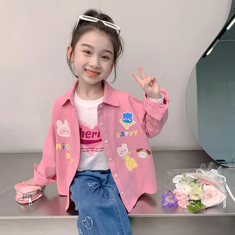 女童外套秋季2025新款儿童卡通休闲衬衫洋气女孩韩版宽松长袖衬衣