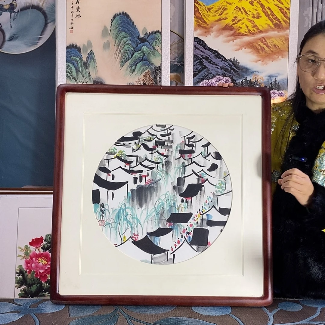 国画手写手绘国画作品带框包邮62✖️62