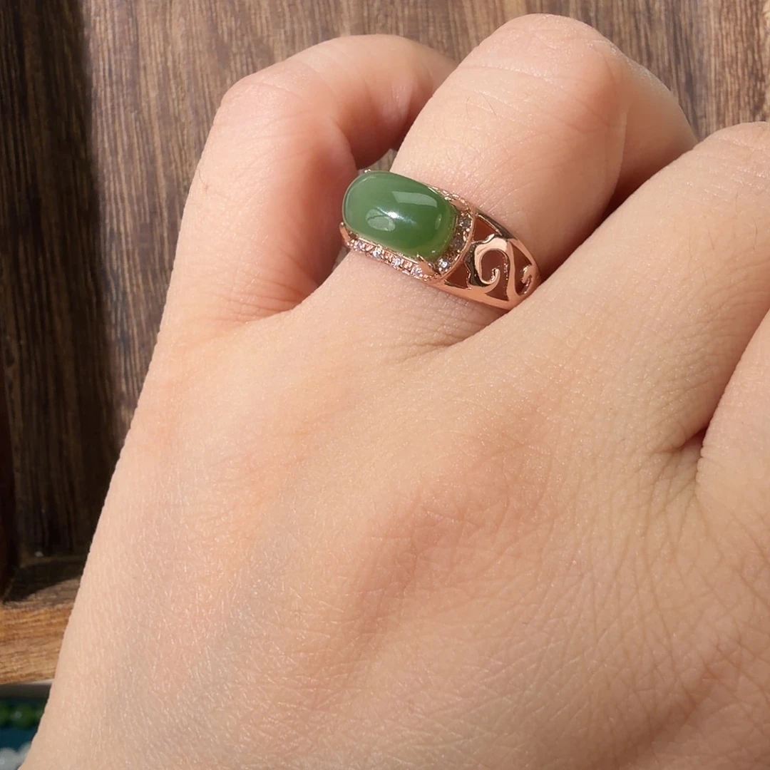 和田玉（碧玉）银S925镀金镶嵌戒指