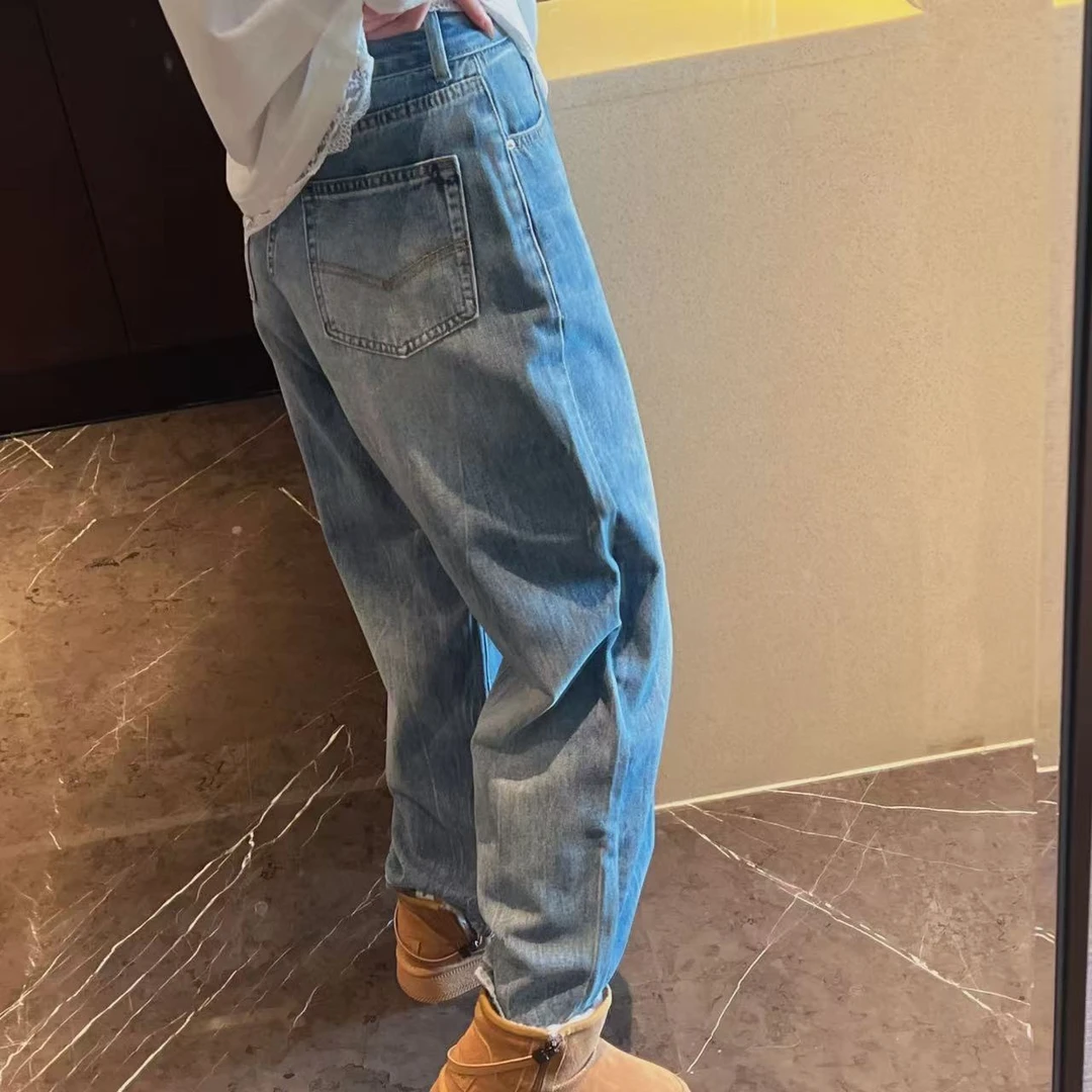 xxxwxz王希之  蓝色水洗花纹小哈伦阔腿牛仔裤#12963