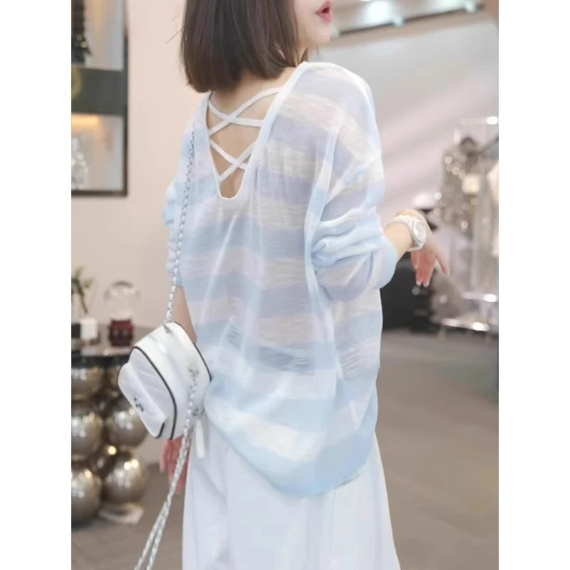 芯娇晴后背交叉条纹防晒衣长袖t恤女装2025夏季新款薄款罩衫上衣