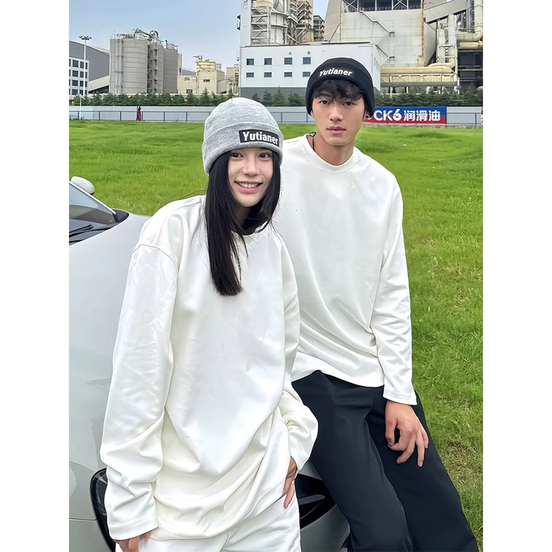美式复古白色冰丝长袖t恤男秋季精梳棉重磅圆领薄款卫衣休闲外套