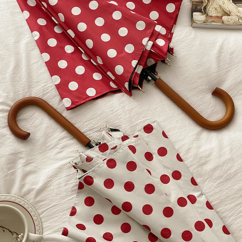 复古港式实木长柄雨伞女波点16骨加大自动加固结实晴雨两用直杆伞