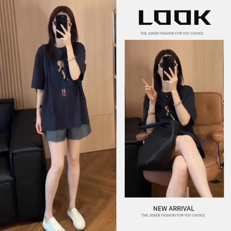 流行穿搭一整套女2025新款时尚卡通印花T恤高腰阔腿短裤两件套潮