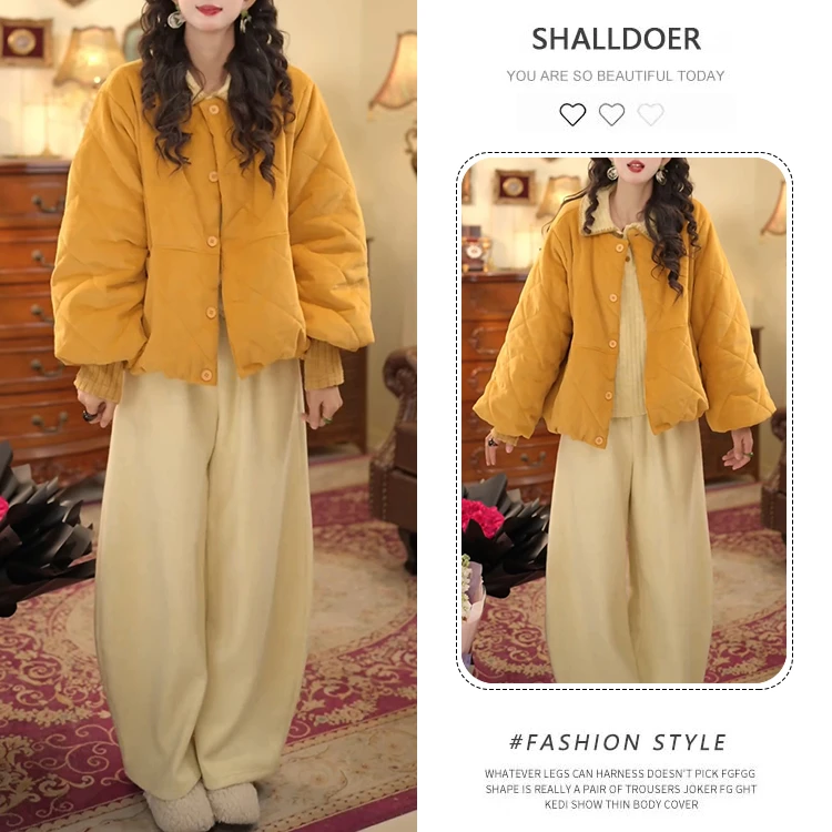 2026短款棉服搭配垂感阔腿裤简约设计日常出街慵懒复古风时尚套装