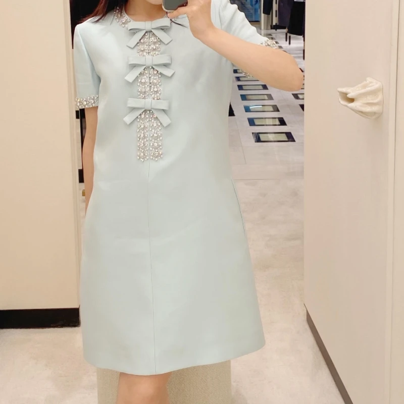 清新蓝绿色蝴蝶结气质时尚女士夏季复古连衣裙