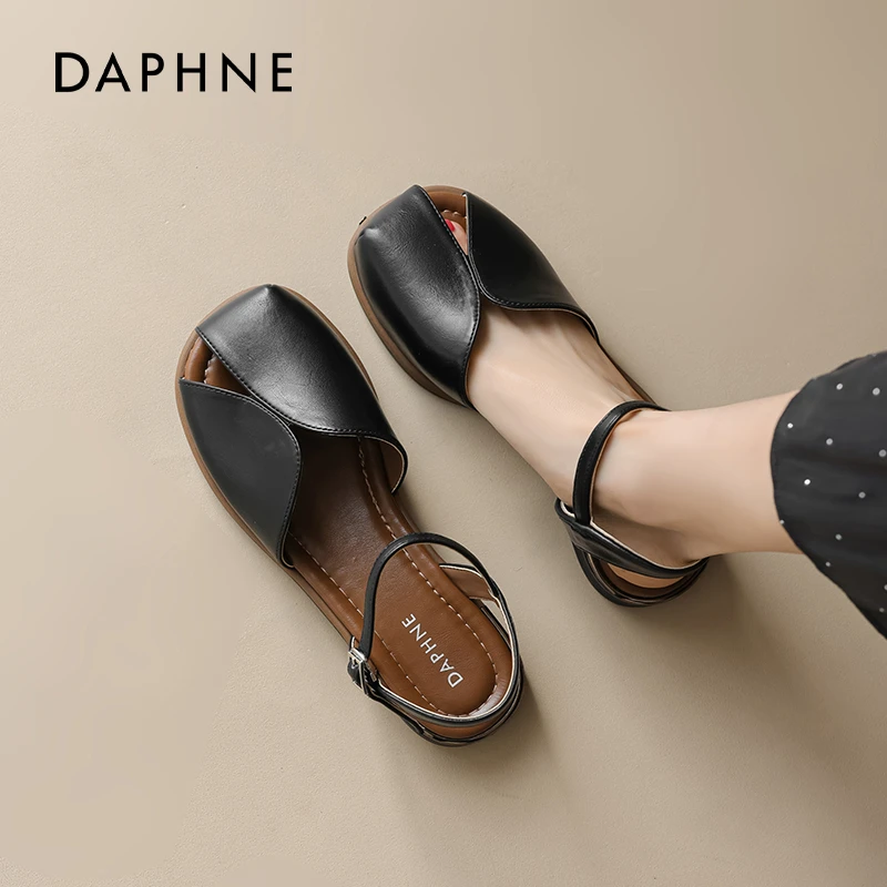 达芙妮包头凉鞋女2025新款夏季外穿黑色罗马凉鞋厚底配裙子单鞋子