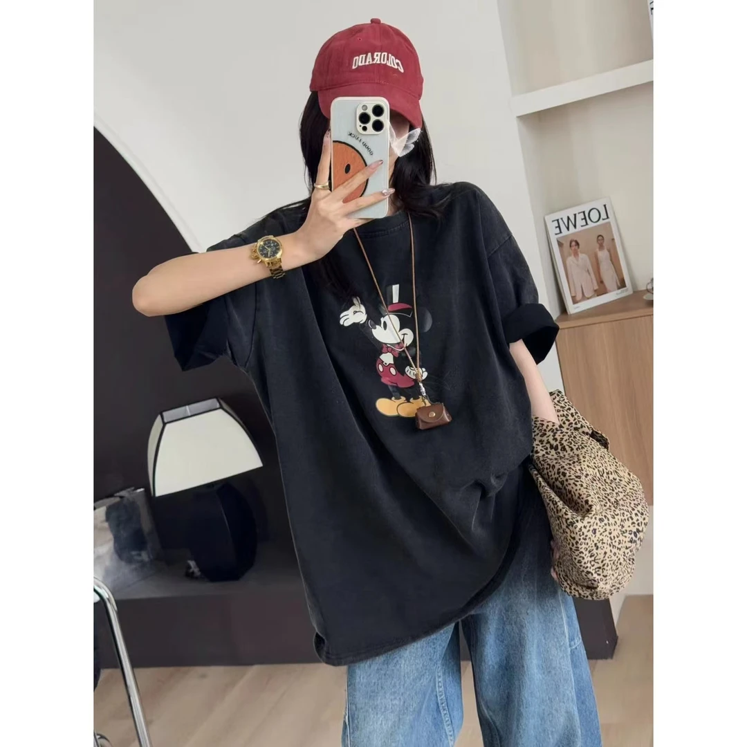 SP【夏日冰美式】美式做旧复古个性米奇短袖宽松通勤上衣T恤女