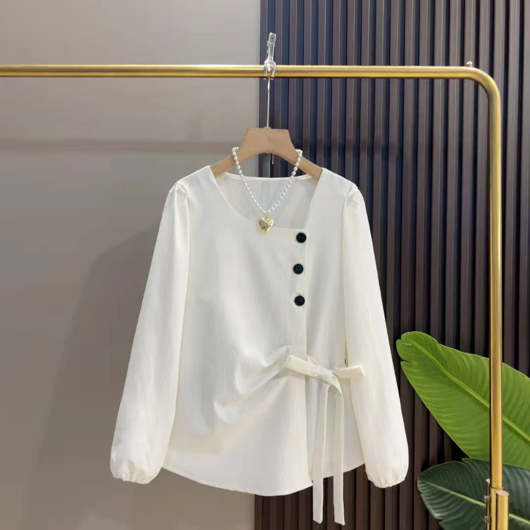 法式复古小设计感不对称领收腰系带蝴蝶结衬衫胖MM洋气百搭小衫