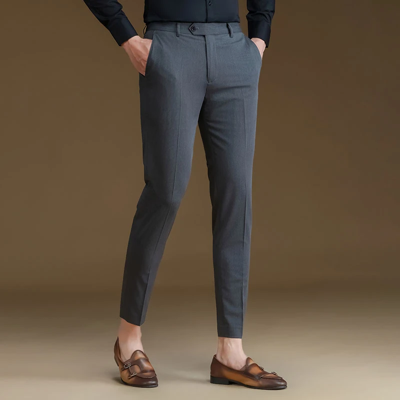 POWO九分裤灰色商务休闲裤子夏季薄款四面弹韩版修身小脚西裤男士