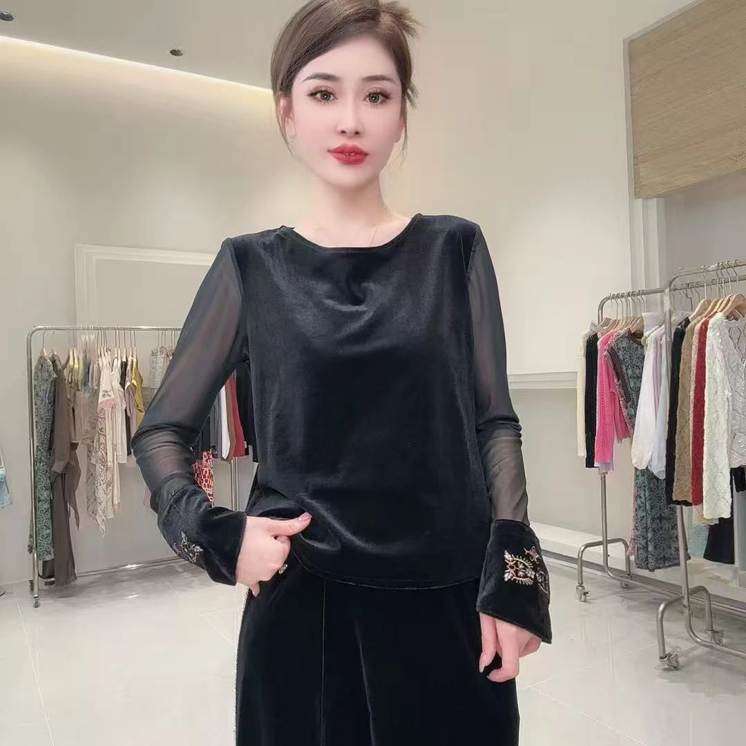 F·XIAO 设计师款网纱袖金丝绒气质圆领打底衫
