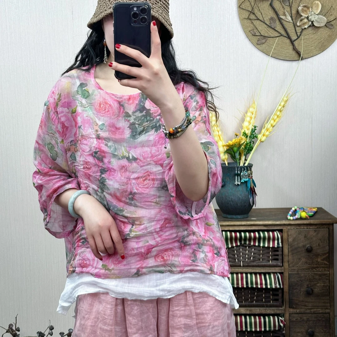 1009百分百苎麻夏季圆领褶皱七分袖碎花扎染休闲上衣