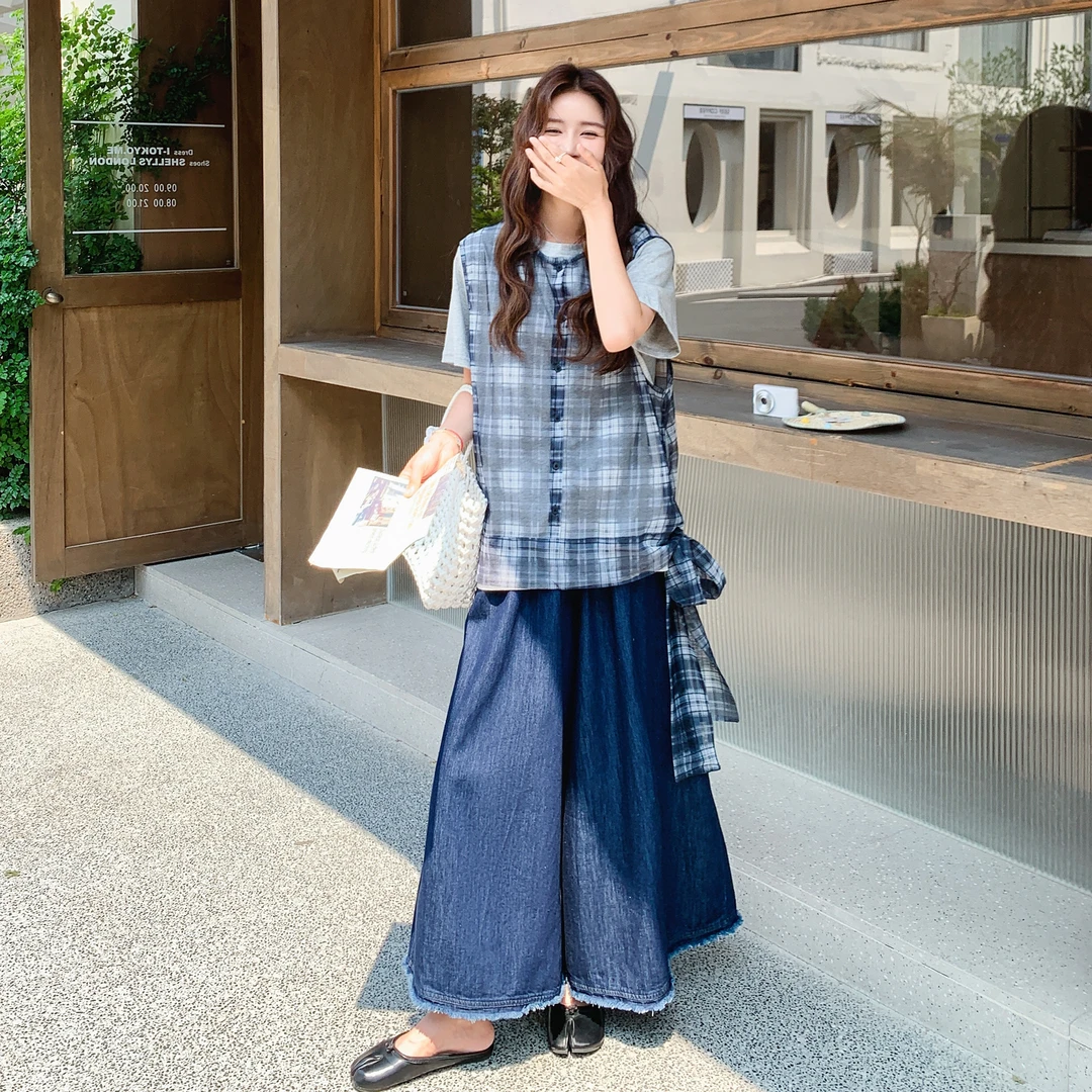 撞色上衣格纹罩衫阔腿裤套装2025新款女夏韩系高级感不撞款一整套