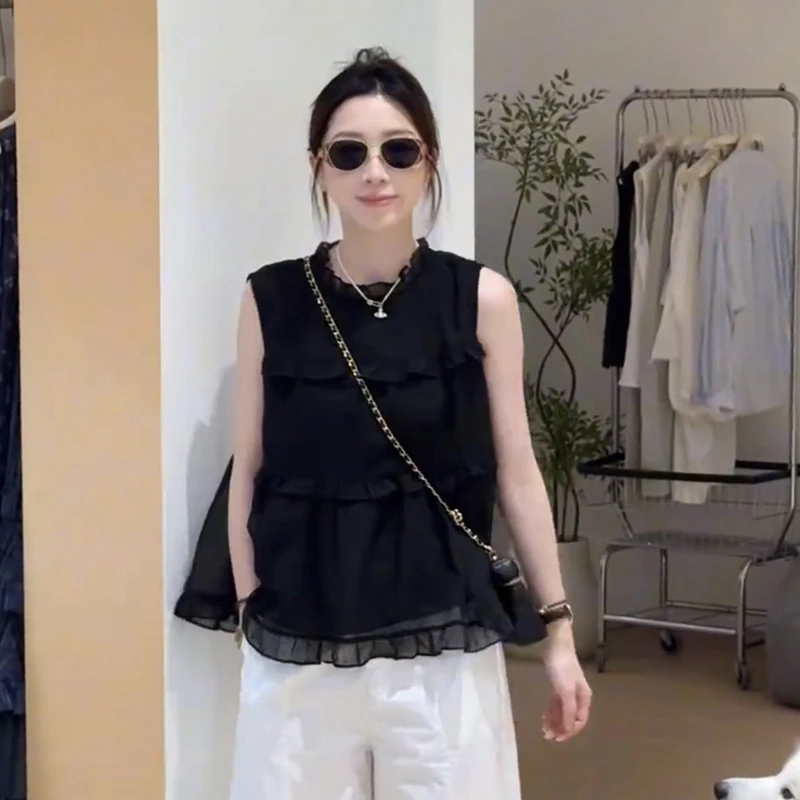 小个子复古压褶木耳边坎肩背心女夏季设计感宽松时尚小飞袖娃娃衫