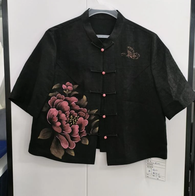 青娘子香云纱龟裂纹手绘花宽松夏季新中式春夏短外套60018