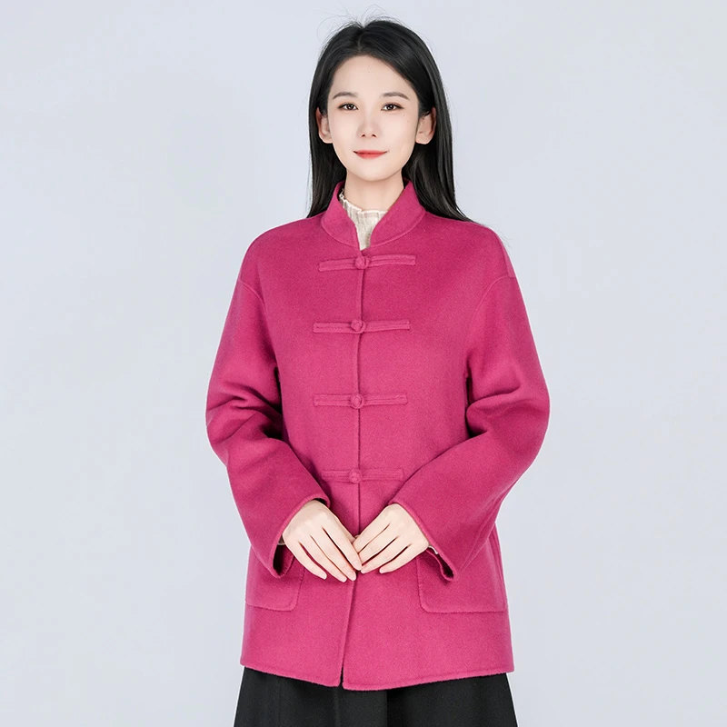 【长款】羊毛中式经典立领手工盘扣一字双面呢女士大衣WH05007689