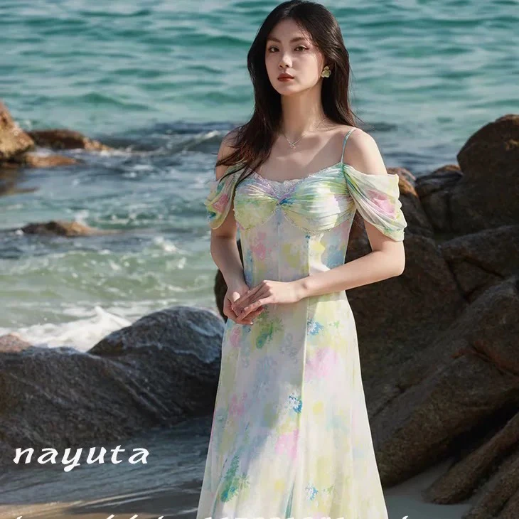 桑蚕丝连衣裙气质印花漂亮长款法式复古收腰仙气名媛温柔夏季显瘦