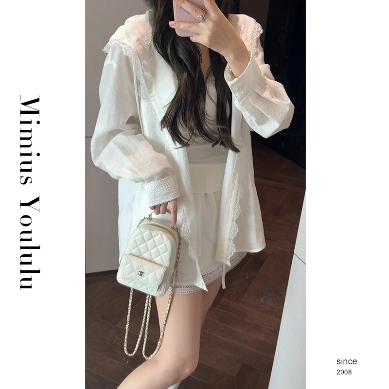 【mimius】婷婷 慵懒松弛感蕾丝拼接通勤衬衫+裙裤（松紧腰） G04012