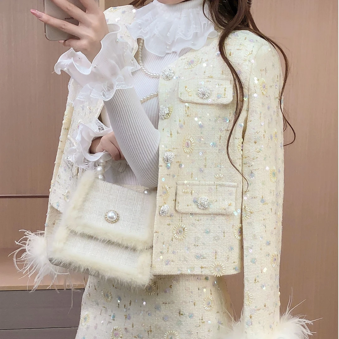 艾日秀轻奢淑女粗花呢亮片长袖毛毛短外套收腰半身裙两件套F1136
