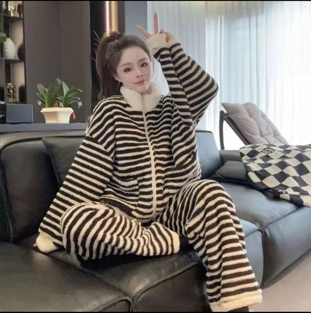 2025慵懒风韩版条纹睡衣女士加绒加厚立领简约家居服套装新款
